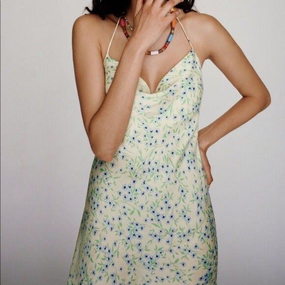 Zara S Structured Floral Mini Slip Dress Cowl Neck Strappy Racerback Ivory Blue - Picture 2 of 12